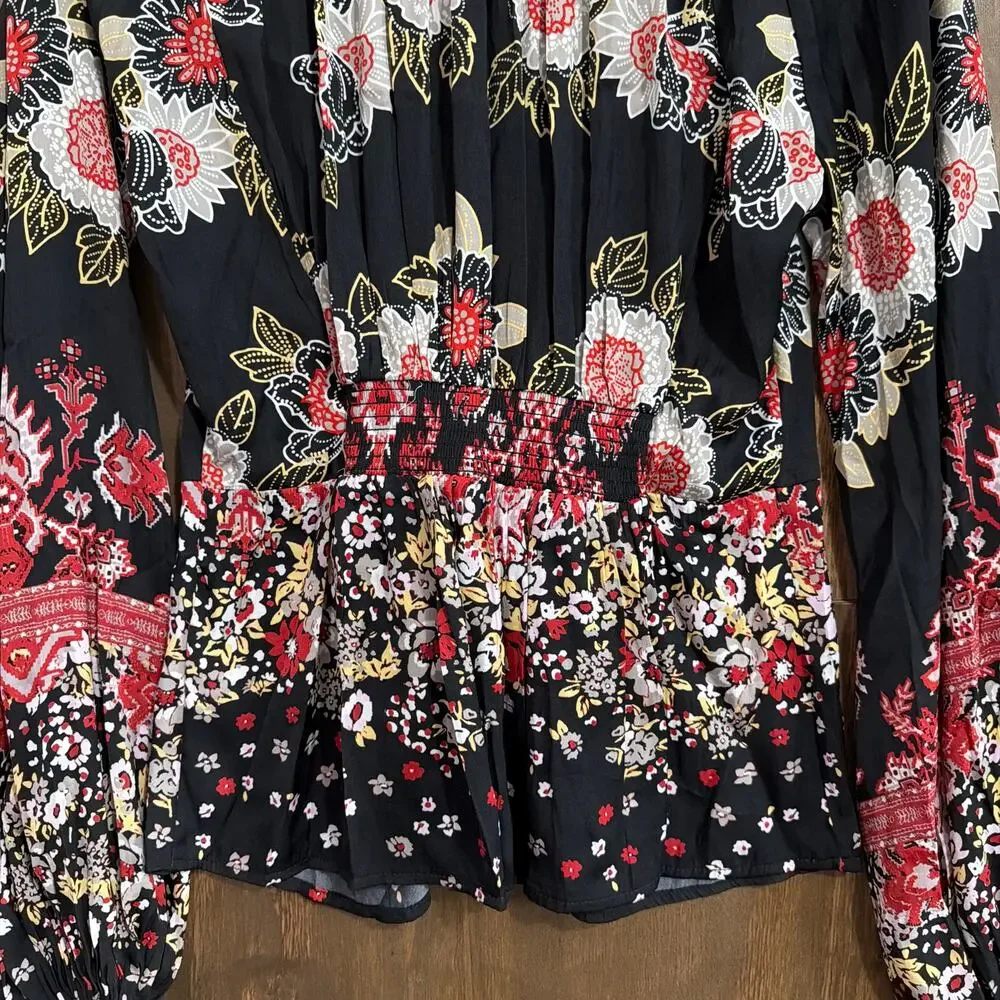 Free People Womens Blouse Black Floral Henley 'Run Free' Long Puff Sleeve Medium